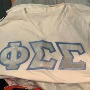 Phi sigma sigma white v neck small blue silver letters